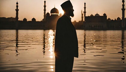 Silhouettes of pilgrims asking for divine blessings to inspire good fortune in life. blurred background mosque building The golden light of the sunset.