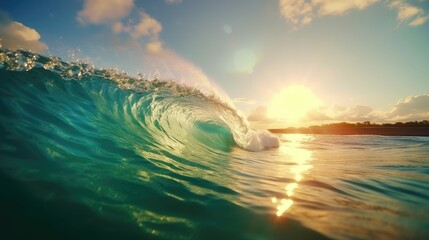 turquoise surfing ocean wave with sunset view