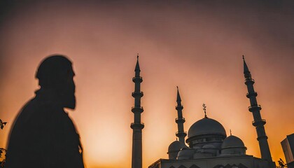 Silhouettes of pilgrims asking for divine blessings to inspire good fortune in life. blurred background mosque building The golden light of the sunset.