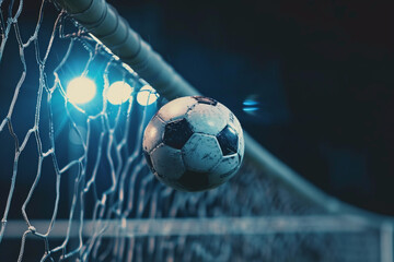 Fußball beim Fußballspiel, fliegender ball ins netz, blauer Hintergrund mit Flutlicht mit copy space, Tor-Konzept