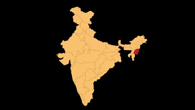 Manipur map animated video. Manipur location in India highlighted colour with transparent background in video format. Map animation video.