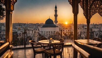 Silhouettes of pilgrims asking for divine blessings to inspire good fortune in life. blurred background mosque building The golden light of the sunset.