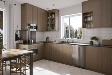 Fototapeta premium Modern Kitchen Interior Design, Chairs Dining Table Kitchenware, architecture