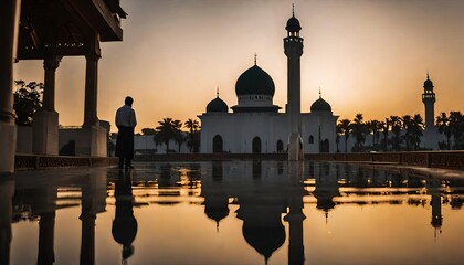 Silhouettes of pilgrims asking for divine blessings to inspire good fortune in life. blurred background mosque building The golden light of the sunset.