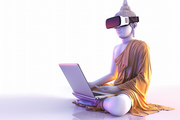 Buddha statue using a laptop and wearing a VR headset. 