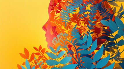Kobieta otoczona kolorowymi liśćmi - obrazy, fototapety, plakaty