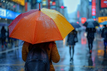 A single individual under an orange umbrella is captured as they navigate the rain-soaked streets of a neon-lit city