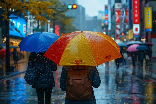 This striking image captures the dreariness of rainy urban life seen from behind a person beneath a bicolored umbrella