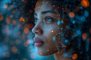 A captivating image of a young woman whose face is enveloped in dazzling cybernetic light patterns and bokeh lights