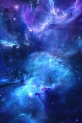 Visualize a cosmic scene with galaxies, nebulae, and star clusters, rendered in vibrant hues of blue and purple, ideal for a planetarium show or a spacethemed educational website