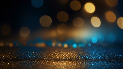 Abstract background of bokeh golden and blue lights far away and shiny particles with black background. Fancy and unique design - obrazy, fototapety, plakaty
