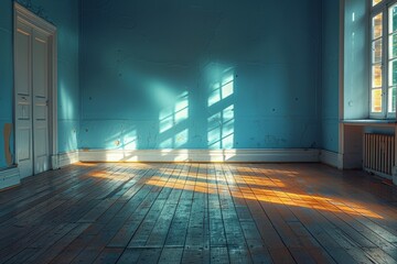 A serene image showing sun rays pouring through a window, casting a warm glow in an abandoned, peeling blue room