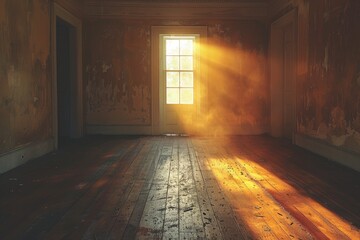 Warm golden sunlight filters through a dusty window, highlighting the decay and dilapidation of an old room