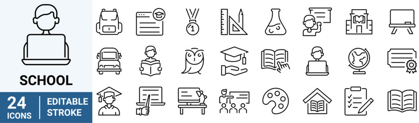 Back to school. Education and e learning. School, university, success, academic, textbook. Vector illustration. Outline icon. Editable stroke.