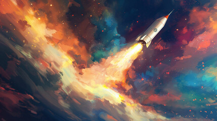 A colorful painting of a rocket flying through space