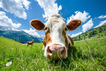 Captivating cow portrait against Swiss mountain panorama