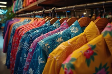 Vibrant array of summer shirts with floral patterns, perfect for vacation and tropical getaways
