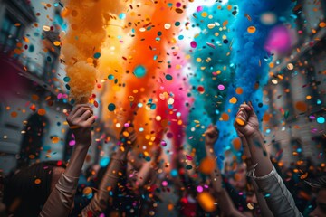 An exhilarating moment with uplifted hands amongst flying colorful confetti, symbolizing community joy during a celebration