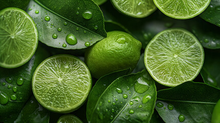 A close up of green limes with water droplets on them - Powered by Adobe