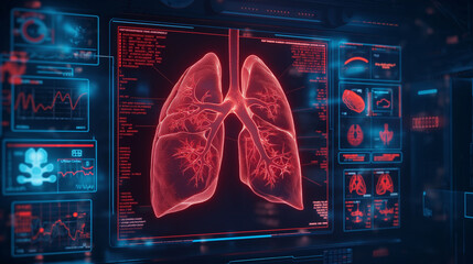 A computer monitor displays a red lung with a red line through it