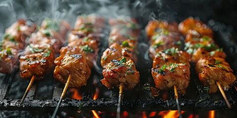 Delicious grilled chicken kebabs on skewers with smoke, cooking outdoors on a sunny day