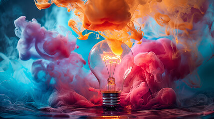 A light bulb is lit up in a room with smoke and colorful fumes