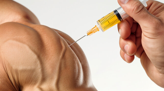 bodybuilder injecting anabolic steroids or testosterone into his shoulder - concept of danger of steroid use