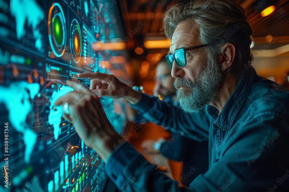 Poster a man with facial features hidden is depicted using an interactive screen filled with various techno