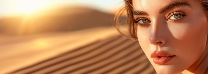 Cosmetic skin care beauty banner with close-up face portrait of a beautiful woman and desert dune sand backdrop with copy space