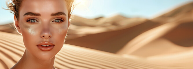 Cosmetic skin care beauty banner with close-up face portrait of a beautiful woman and desert dune sand backdrop with copy space