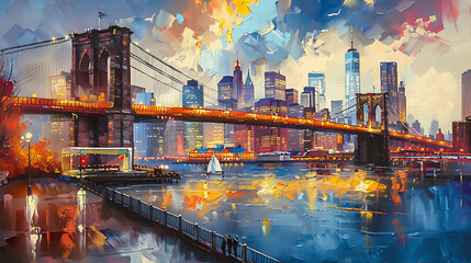 Oil painting on canvas, New York City - beautiful bridge manhattan with manhattan and brooklyn bridge, USA