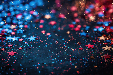 Vibrant America banner  Celebrating with Red, White, and Blue Stars, Ribbons, and Glittering Accents on a Fourth of July Background