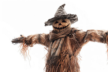 A scarecrow with a pumpkin on its head and a wicked witch hat