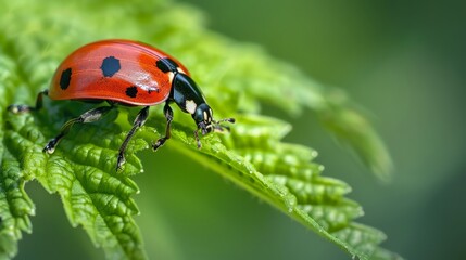 a lady bug, Harmonia axyridis perches on a leaf. generative ai