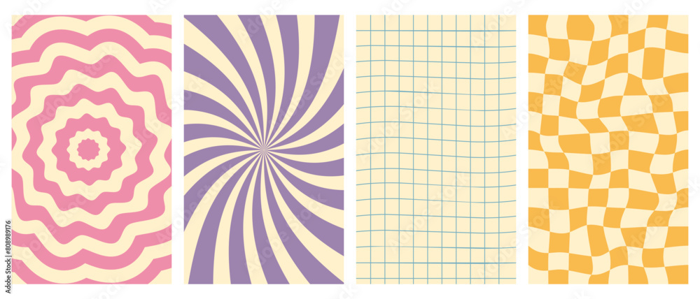 Wall mural groovy hippie 70s vector backgrounds set. chessboard and twisted patterns. twisted and distorted vec