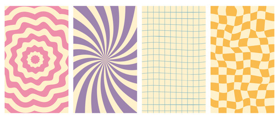 Groovy hippie 70s vector backgrounds set. Chessboard and twisted patterns. Twisted and distorted vector texture in trendy retro psychedelic style