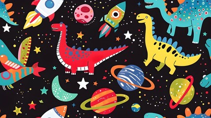 Vibrant Cosmic Dinosaur and Rocket Ship Pattern in Imaginative Space Scene