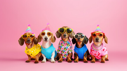 Dachshund dog puppies in a group, vibrant bright fashionable outfits isolated on solid pink background advertisement, copy space. birthday party invite invitation banner