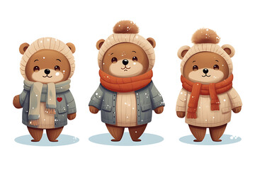 Set of cute bears in winter clothes. Vector illustration isolated on white background.