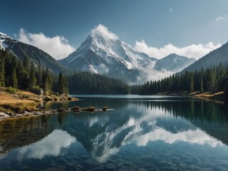 Fototapeta na wymiar Mountainous Terrain: Imagine a serene landscape featuring towering snow-capped mountains, with a crystal-clear lake reflecting the surrounding peaks. Pine trees dot the hillsides, and a gentle mist ho