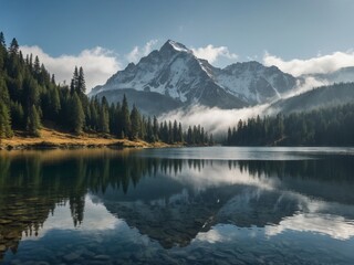 Fototapeta na wymiar Mountainous Terrain: Imagine a serene landscape featuring towering snow-capped mountains, with a crystal-clear lake reflecting the surrounding peaks. Pine trees dot the hillsides, and a gentle mist ho