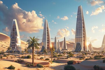 sustainable futuristic city in saudi arabian desert with renewable energy 3d rendering