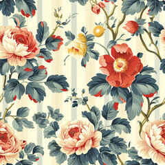 seamless pattern with poppies on stripe background