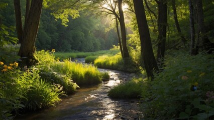 Fototapeta premium Lush Forest Scene: Picture a dense, verdant forest with a winding river cutting through it. Sunlight filters through the canopy, casting dappled shadows on the forest floor. Birds chirp in the distanc