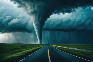 Powerful Tornado On Road In Stormy Landscape