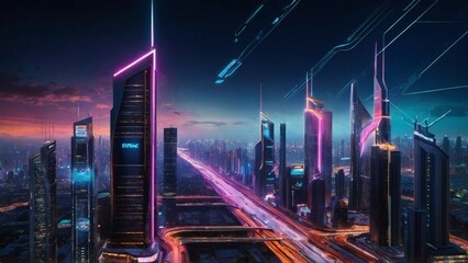 Fototapeta premium Urban Skyline: Explore a futuristic cityscape with towering skyscrapers and sleek architecture. Neon lights illuminate the bustling streets below, and flying vehicles zip through the sky. The city is 