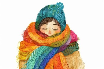 whimsical woman wrapped in rainbow of chunky handmade scarves cozy winter portrait illustration