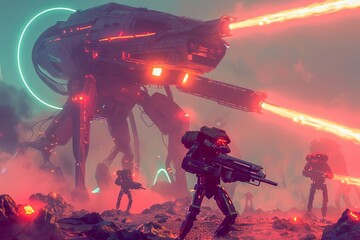 futuristic scifi battlefield with robotic soldiers and laser weapons actionpacked digital art