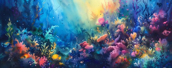 An enchanting watercolor painting of an undersea world, filled with vibrant coral reefs, exotic fish, and playful dolphins