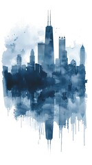 Create a watercolor painting of the Chicago skyline in shades of blue. The painting should be impressionistic in style.